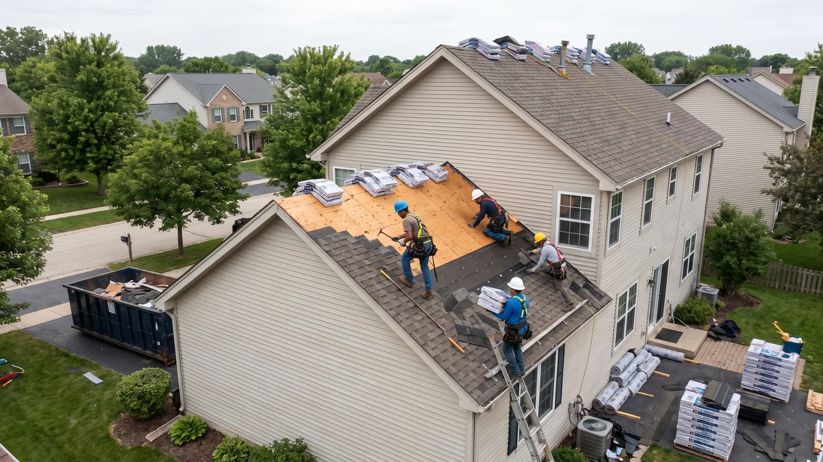 A residential roof replacement in progress on a suburban Illinois home