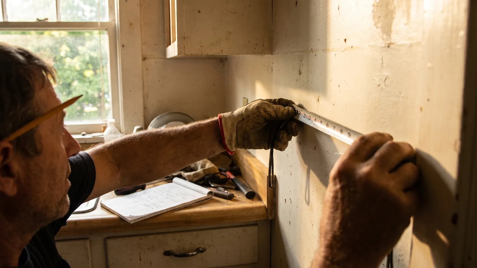 A homeowner measuring a wall during a small interior remodel