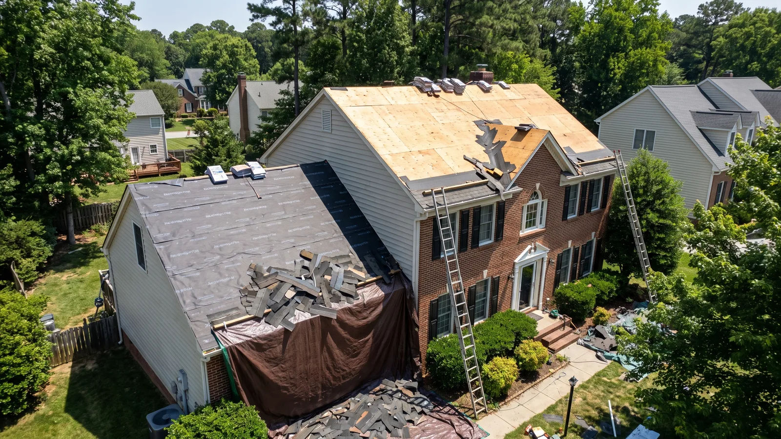 A residential roof mid-replacement on a suburban home