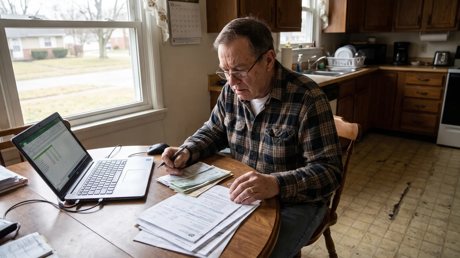 Ohio homeowner reviewing permit paperwork and a laptop at a kitchen table