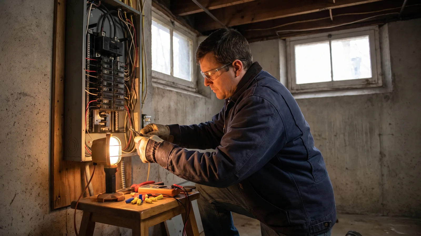 Licensed electrician working safely inside a residential electrical panel in an Ohio home