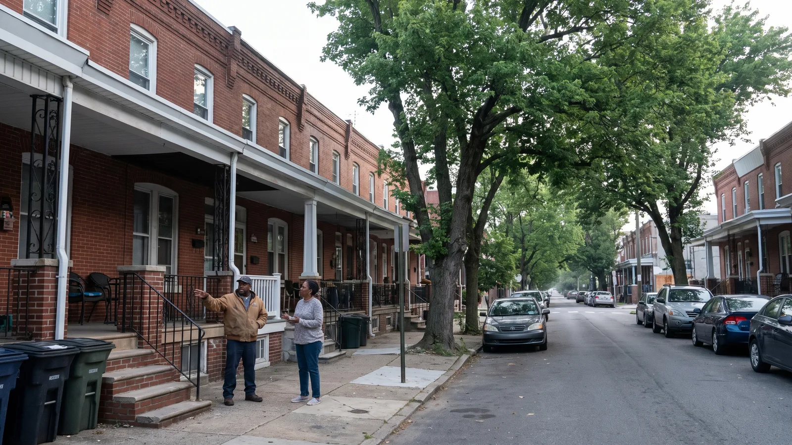 A Pennsylvania residential street with brick rowhomes where a contractor and homeowner talk on a front porch
