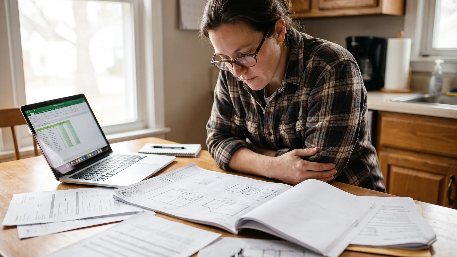 A homeowner at a kitchen table with a laptop and printed home-improvement plans in natural window light