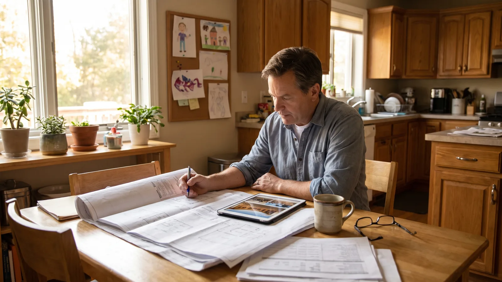 A South Carolina homeowner reviewing residential building permit paperwork at a table