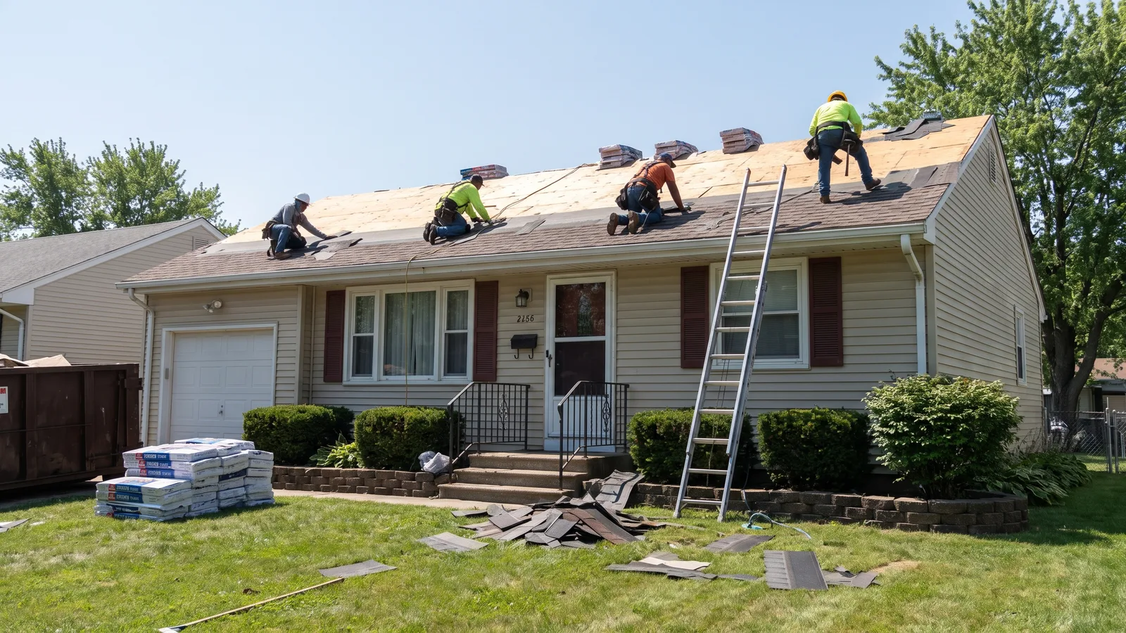 A suburban South Carolina home undergoing a roof replacement with a contractor on a ladder