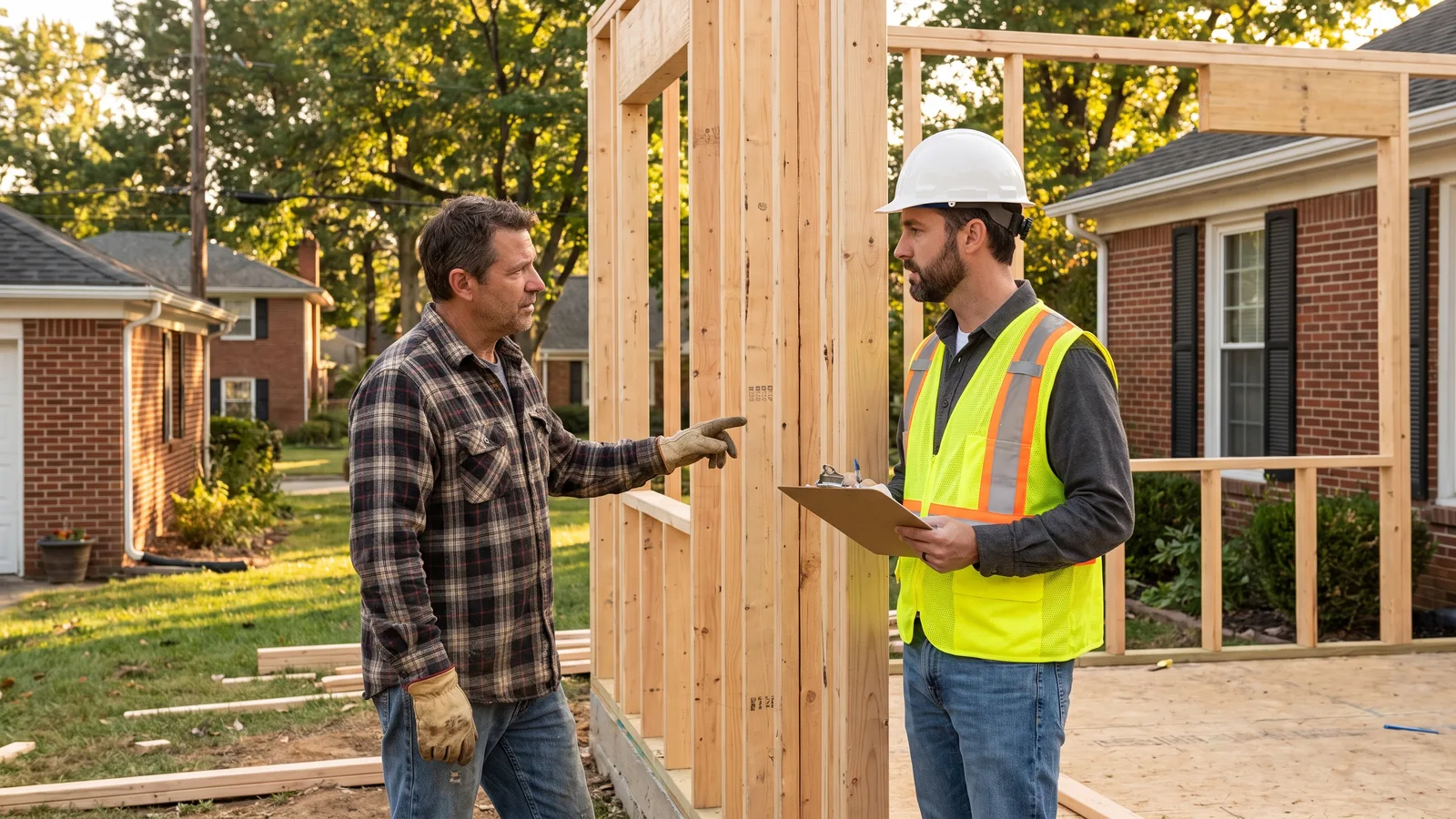 A homeowner and a local building official reviewing a residential addition under framing