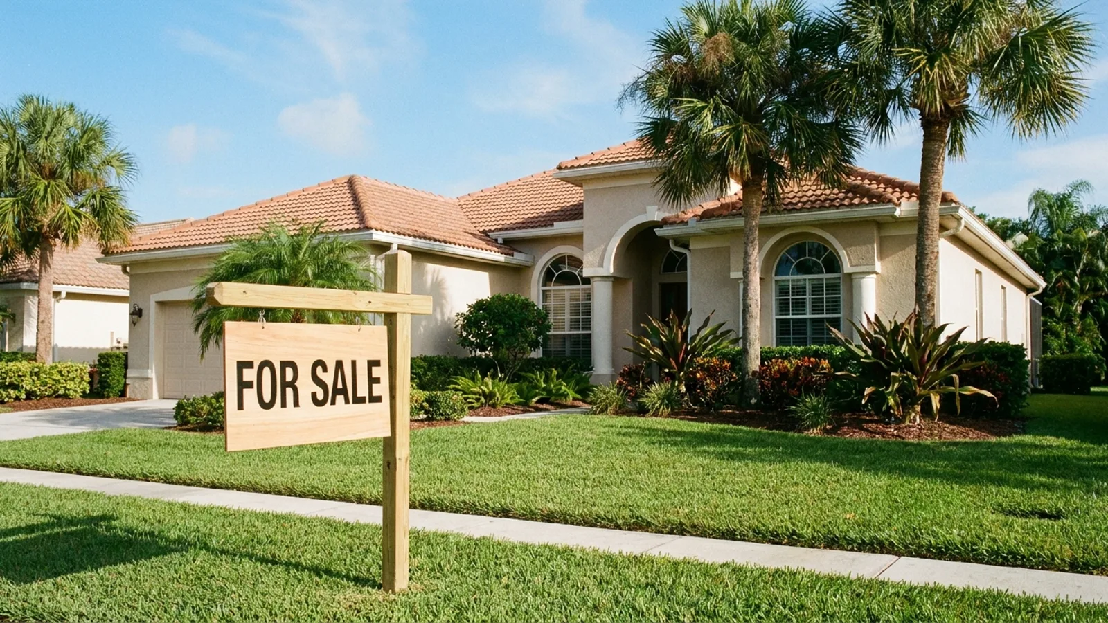 A for-sale sign in front of a well-kept single-family Florida home