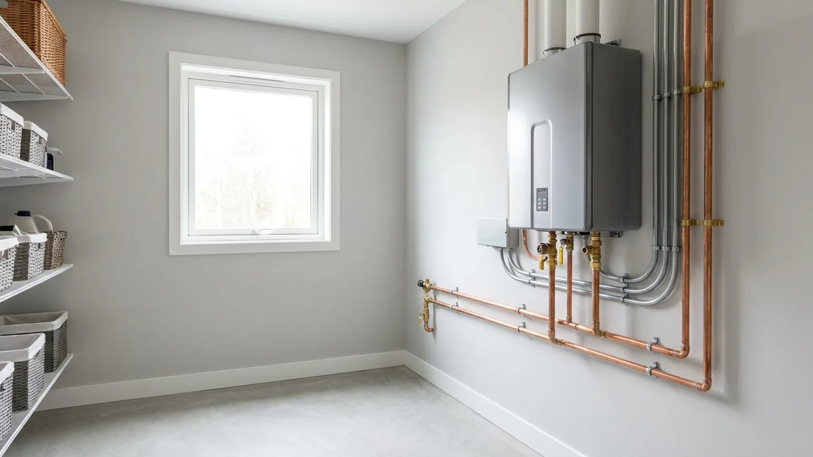 A tidy home utility area showing a newer water heater with clean connections