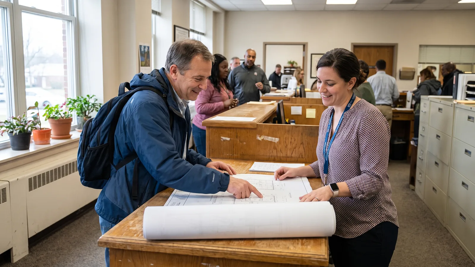 A homeowner reviewing plans at a local Virginia building department counter