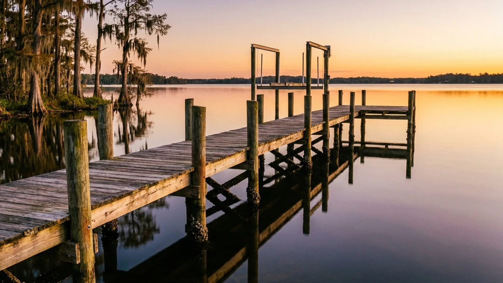 A private residential dock extending over a calm Florida lake at golden hour