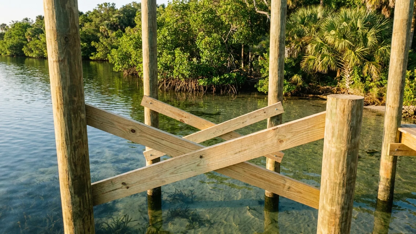 Pilings and framing of a residential boat dock over a Florida lake