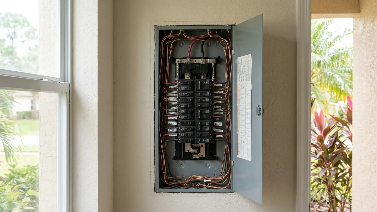 An open electrical panel with neatly organized breakers in a Florida home