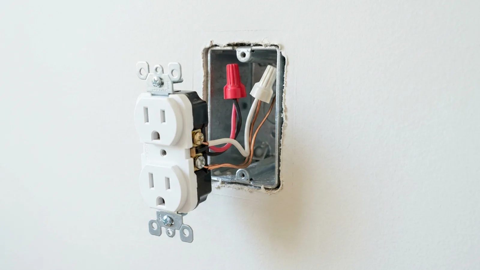A close view of a newly installed electrical outlet and wiring in a wall box