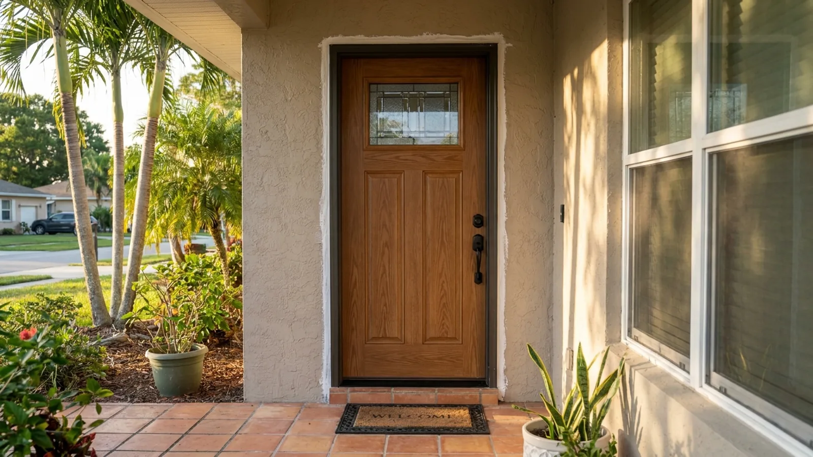 A newly installed exterior door with fresh weatherstripping on a Florida home