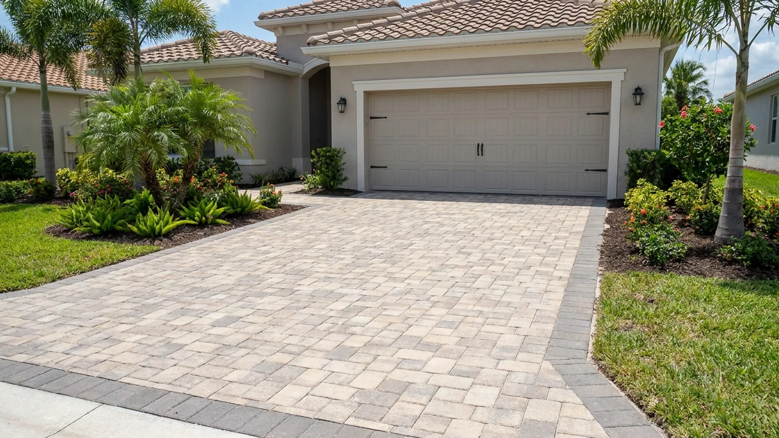 A newly installed paver driveway in front of a single-family Florida home