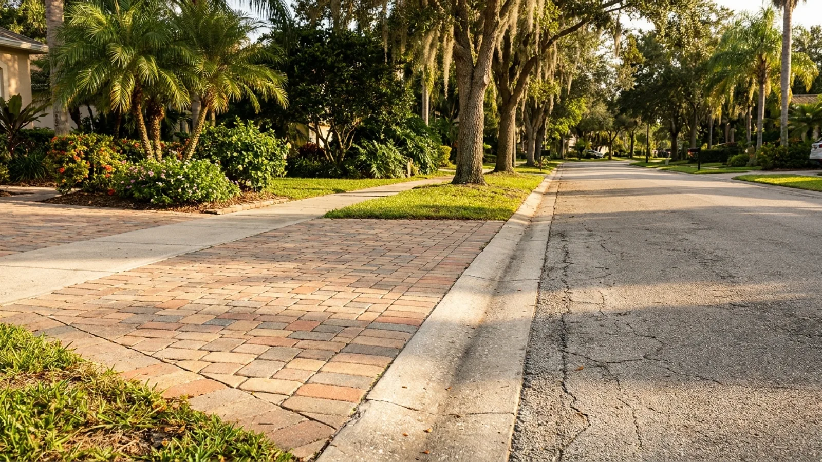 A driveway apron where a residential paver driveway meets the street curb in a Florida neighborhood