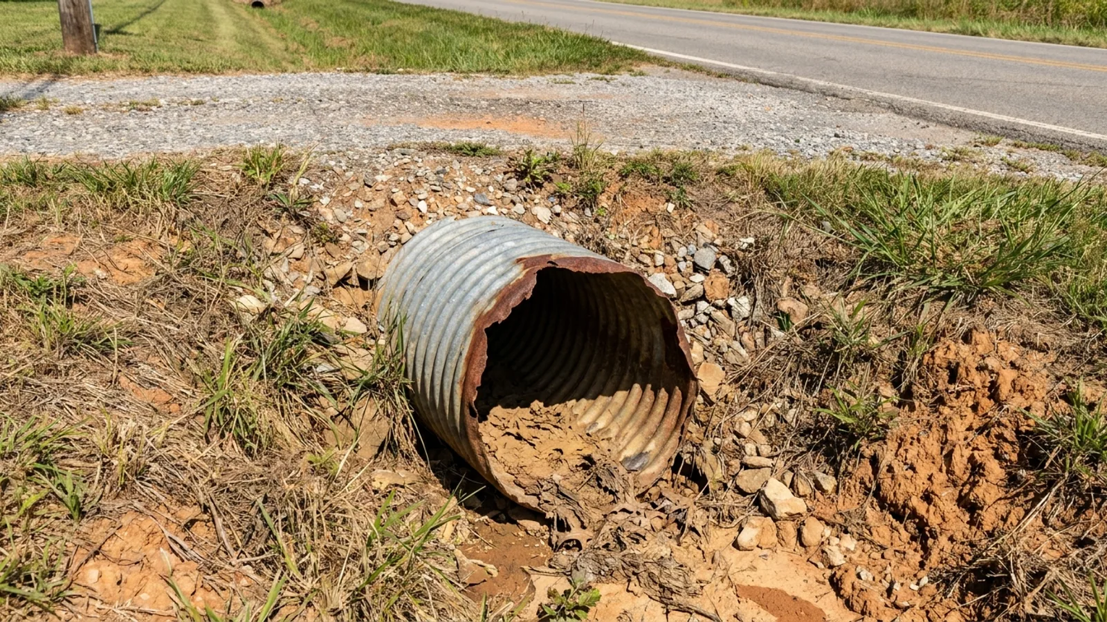 A concrete residential driveway meeting a rural two lane road