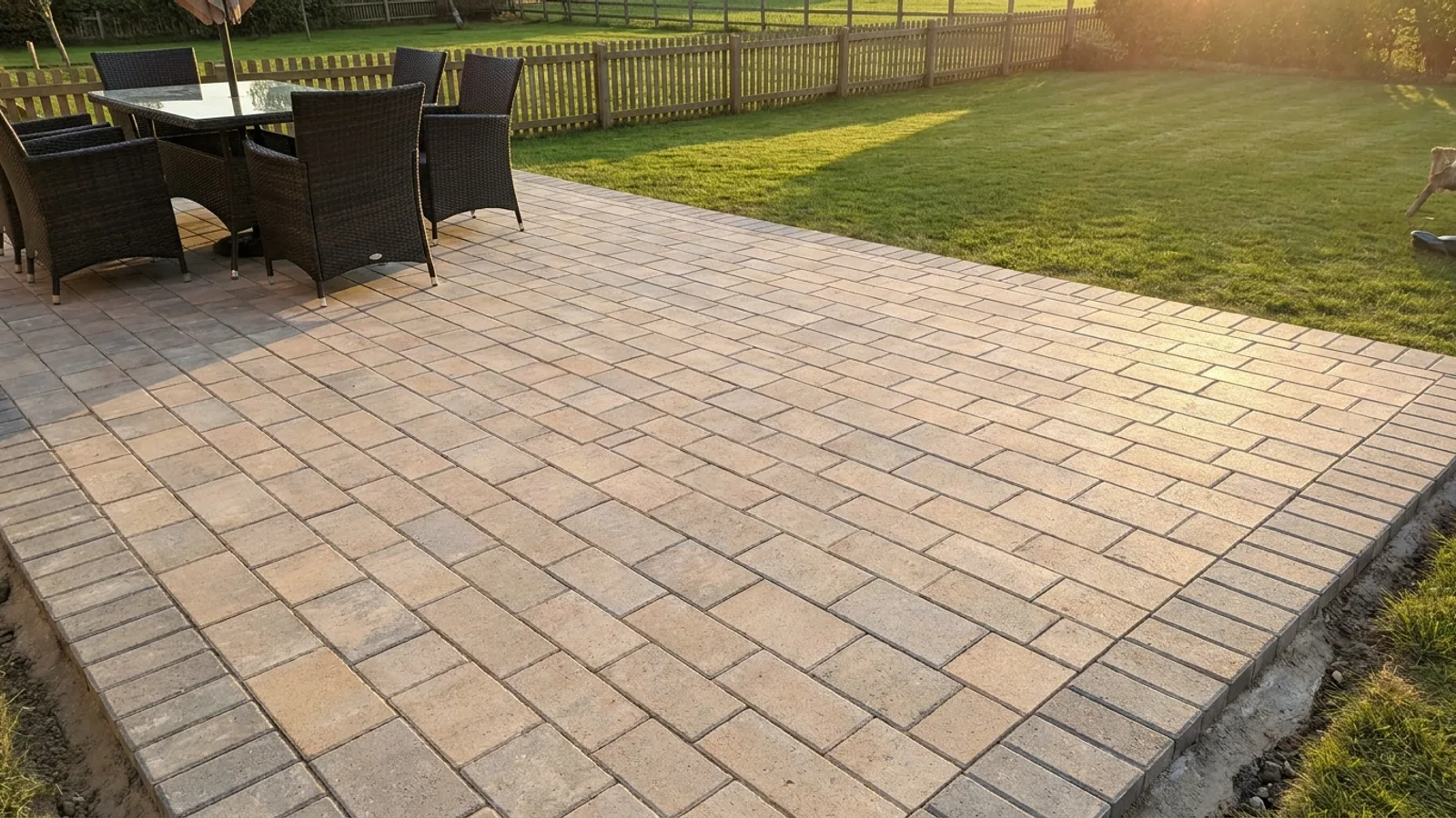 A newly laid paver patio in a residential back yard