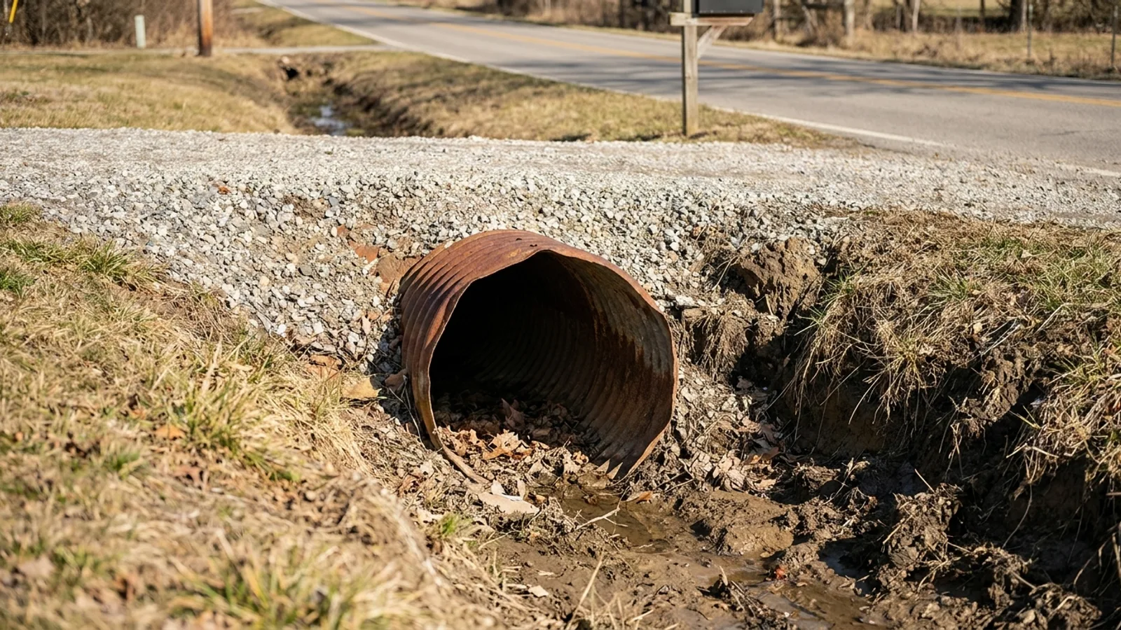 A residential driveway meeting a two lane road in North Carolina