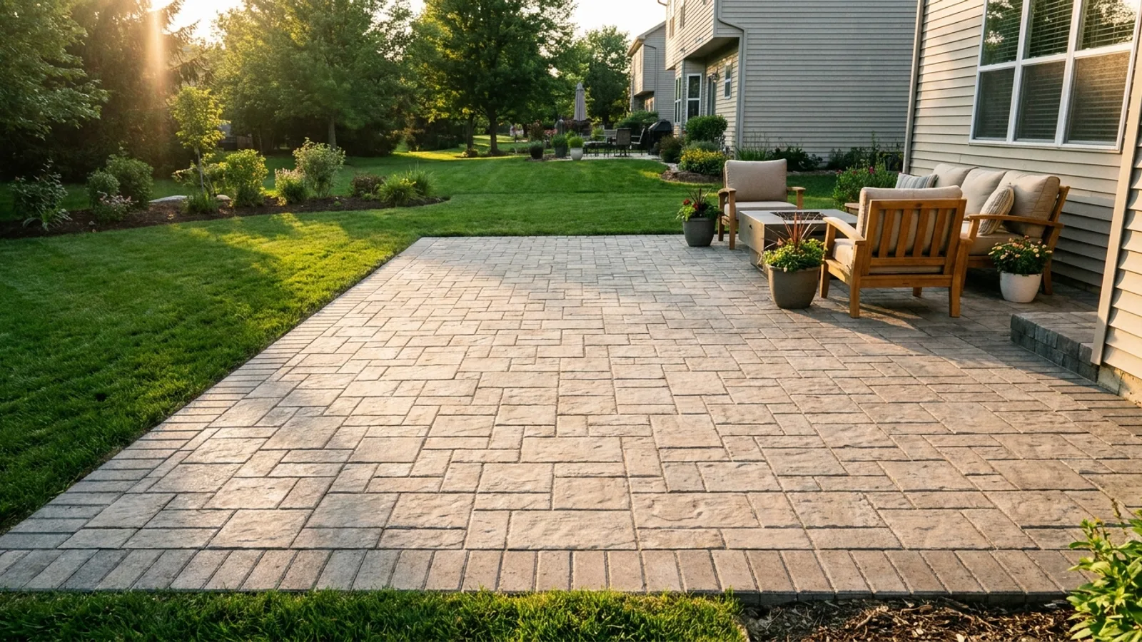 A newly laid paver patio in a residential back yard