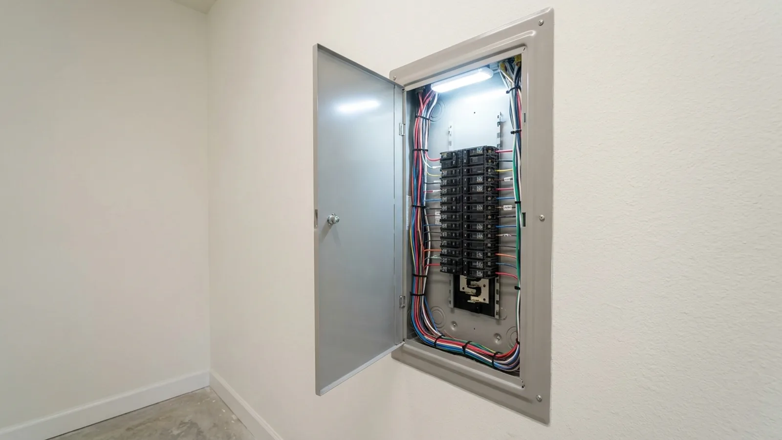 A newly installed residential electrical panel with labeled breakers in Florida