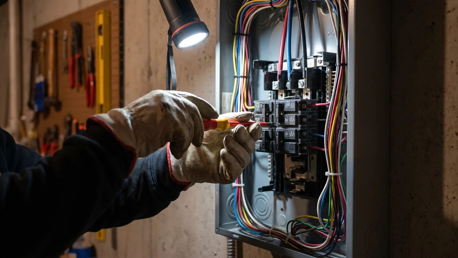 An open residential electrical service panel with breakers and neatly routed circuit wiring
