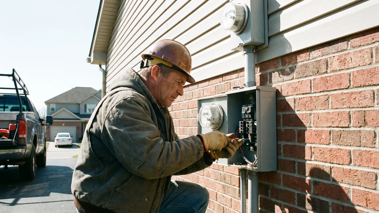 An electrician working at an outdoor electrical meter base and service entrance on a home exterior