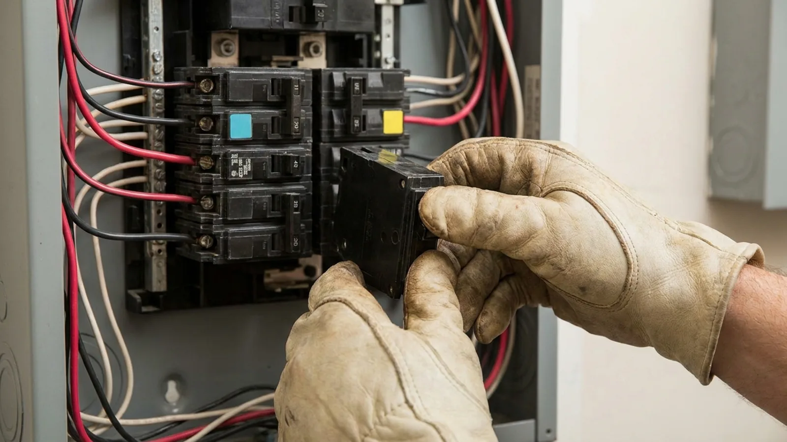 An electrician working inside an open residential electrical panel