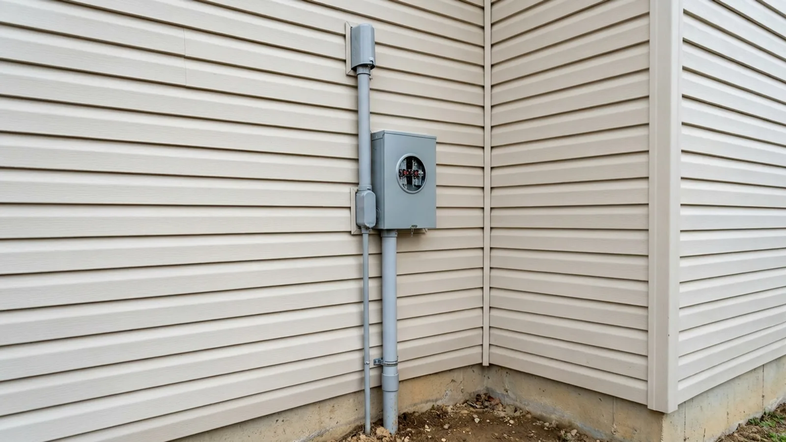 A new residential meter base and service entrance conduit on the exterior of a house