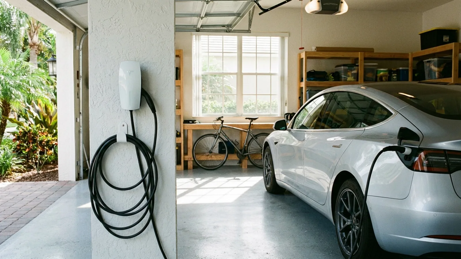 A wall-mounted EV charger installed in a clean Florida home garage