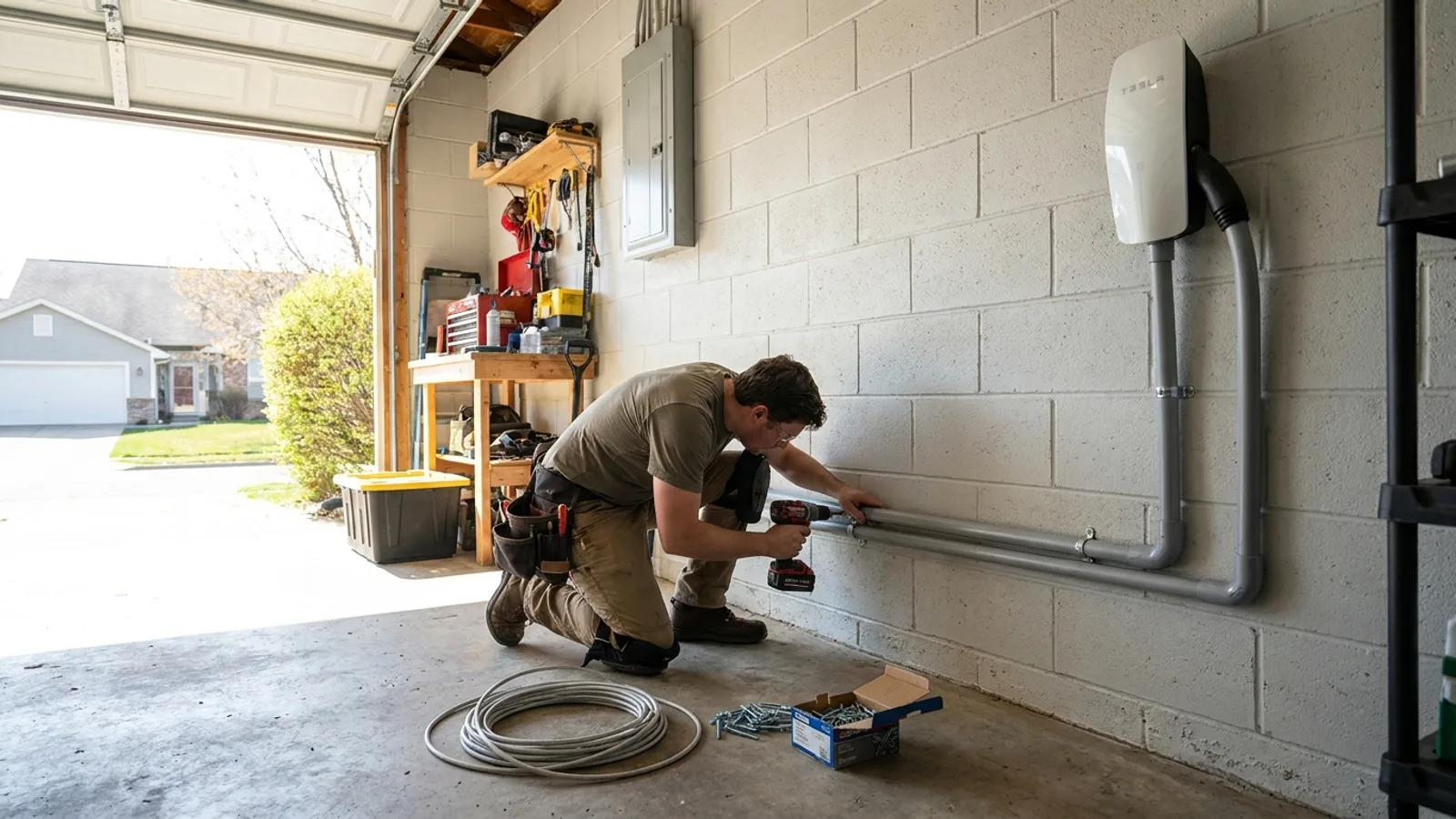 A Level 2 electric vehicle charger mounted on a garage wall with a car plugged in