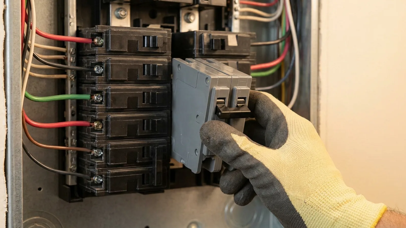 An open residential electrical panel with a new double pole breaker being installed