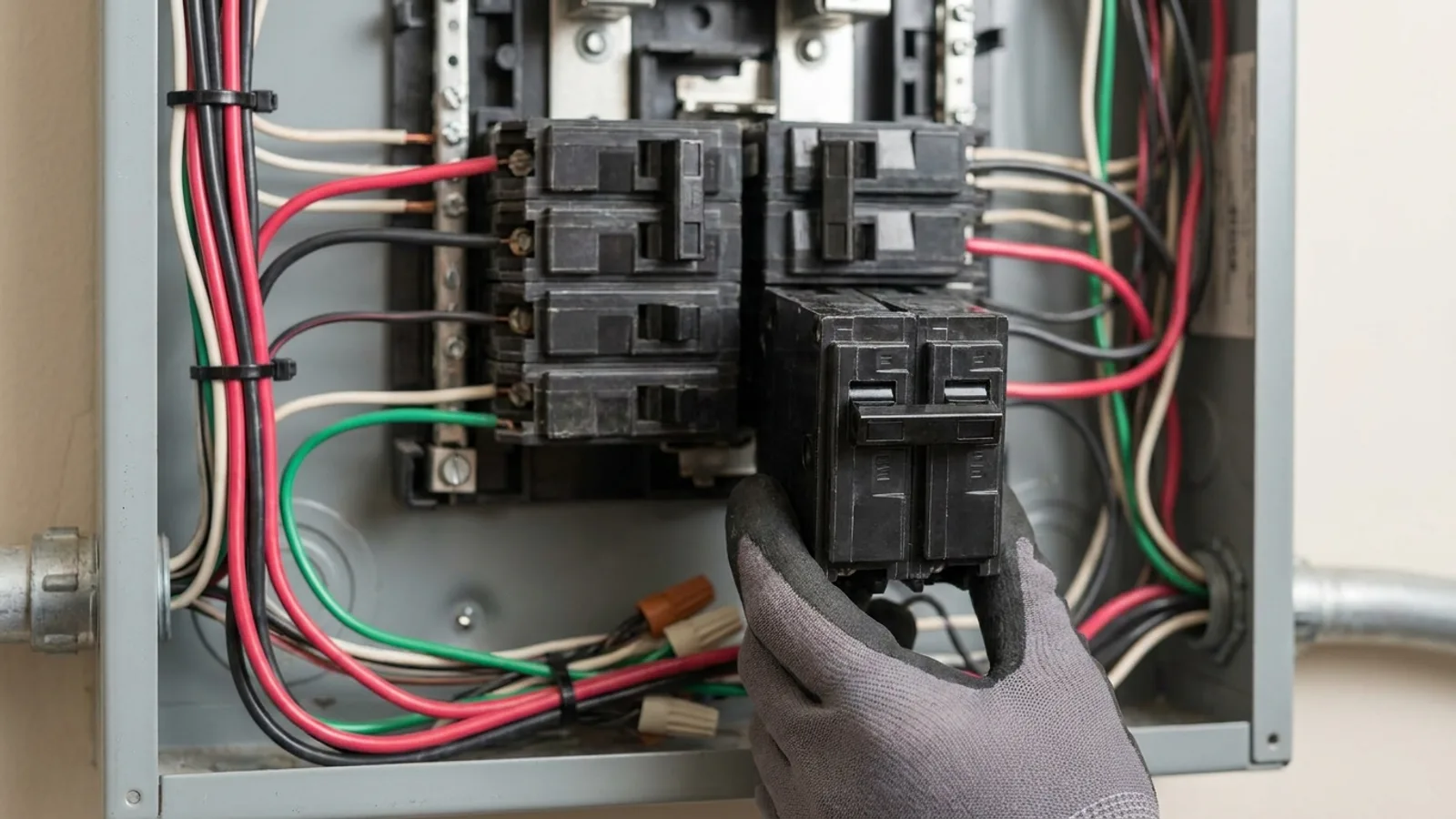 An open residential electrical panel with a new double pole breaker being installed