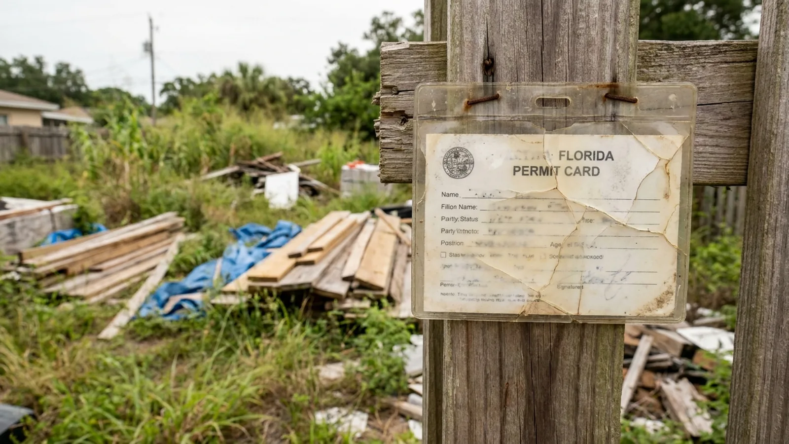 A weathered posted permit card on a fence at a stalled Florida renovation site with overgrown grass