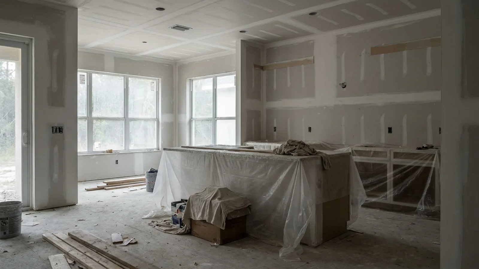 A partially finished Florida home interior remodel left idle with dust sheets over the cabinets