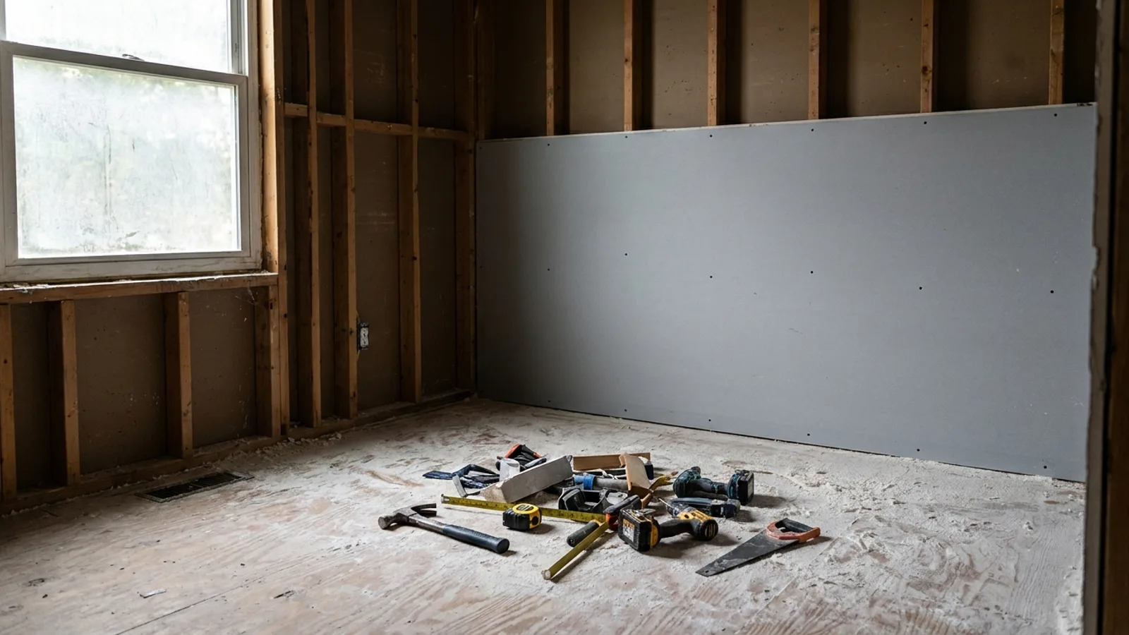 An unfinished home renovation with tools left idle and drywall partly installed