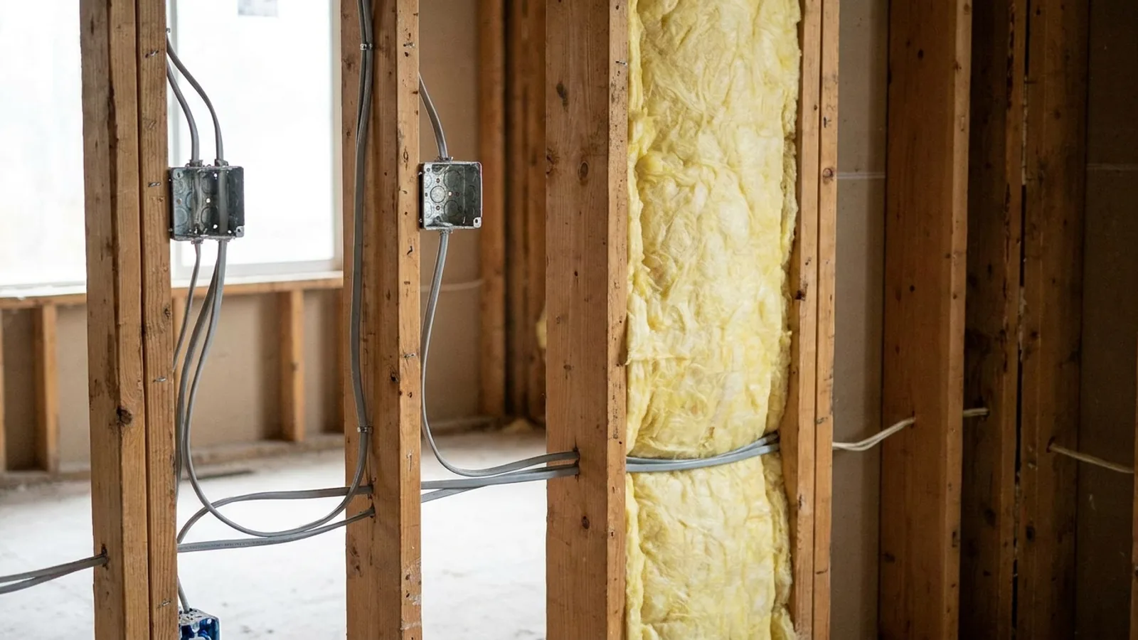 A partly framed room with electrical wiring exposed and no drywall installed