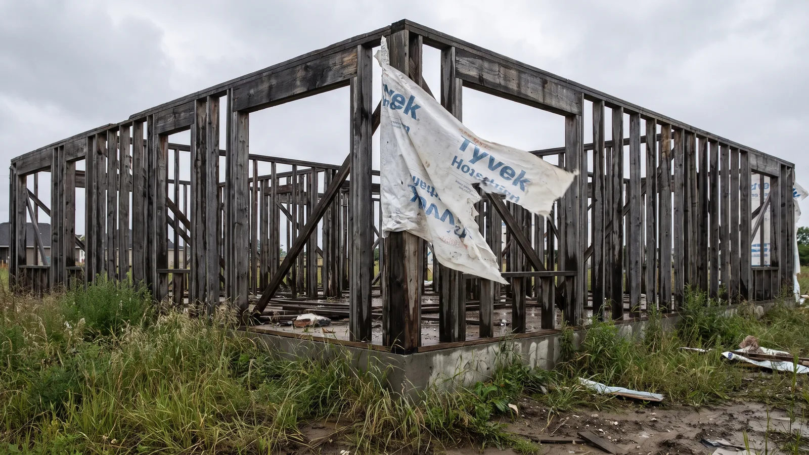 A stalled residential construction project with framing weathered and work paused