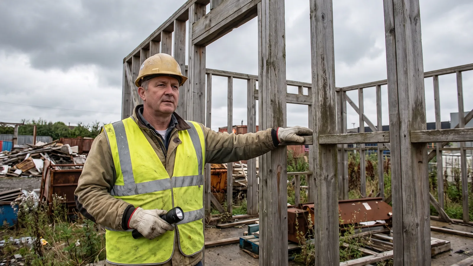 A building inspector examining weathered framing on a long-paused project