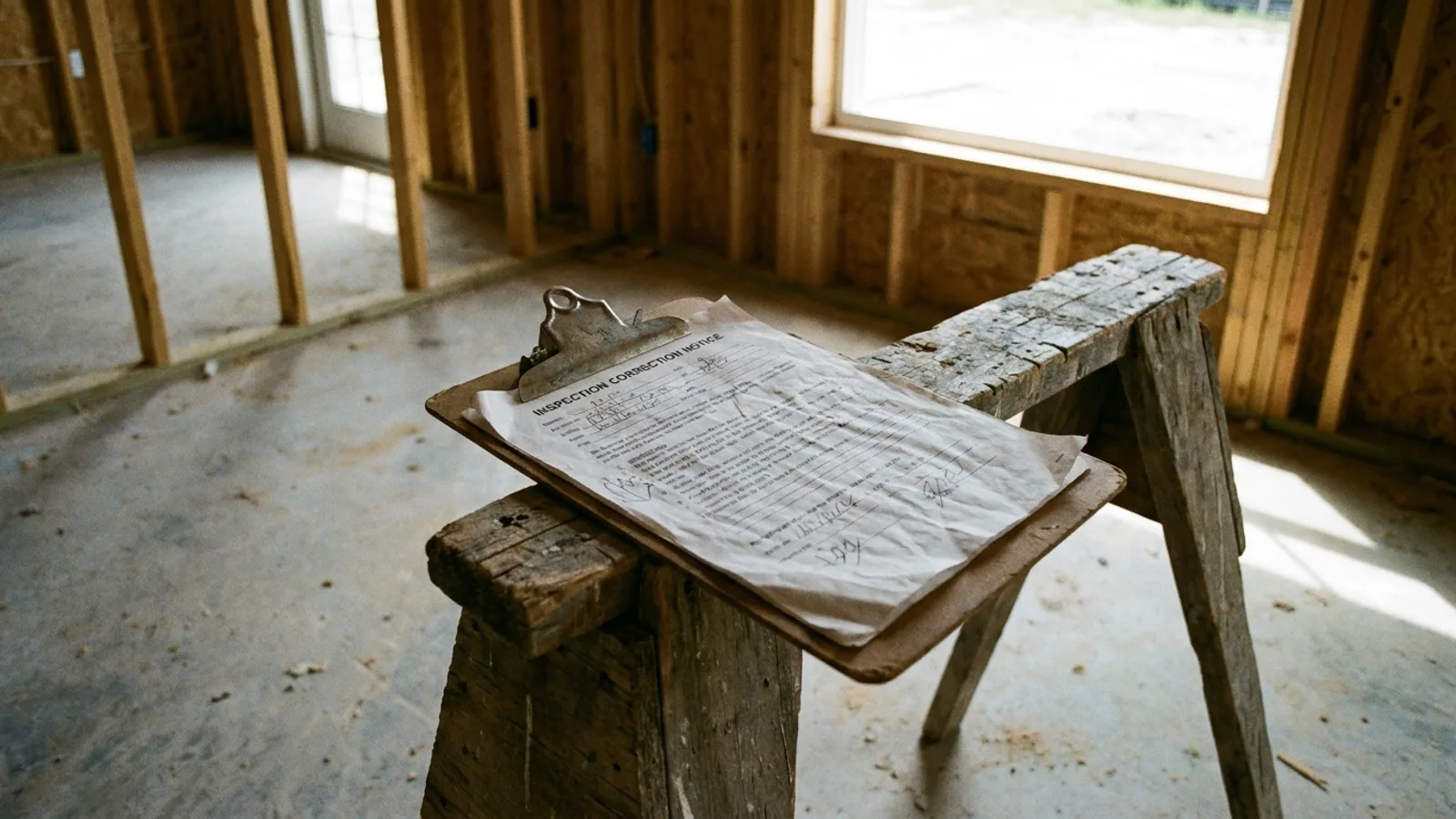A homeowner and contractor reviewing an inspection correction notice on a clipboard