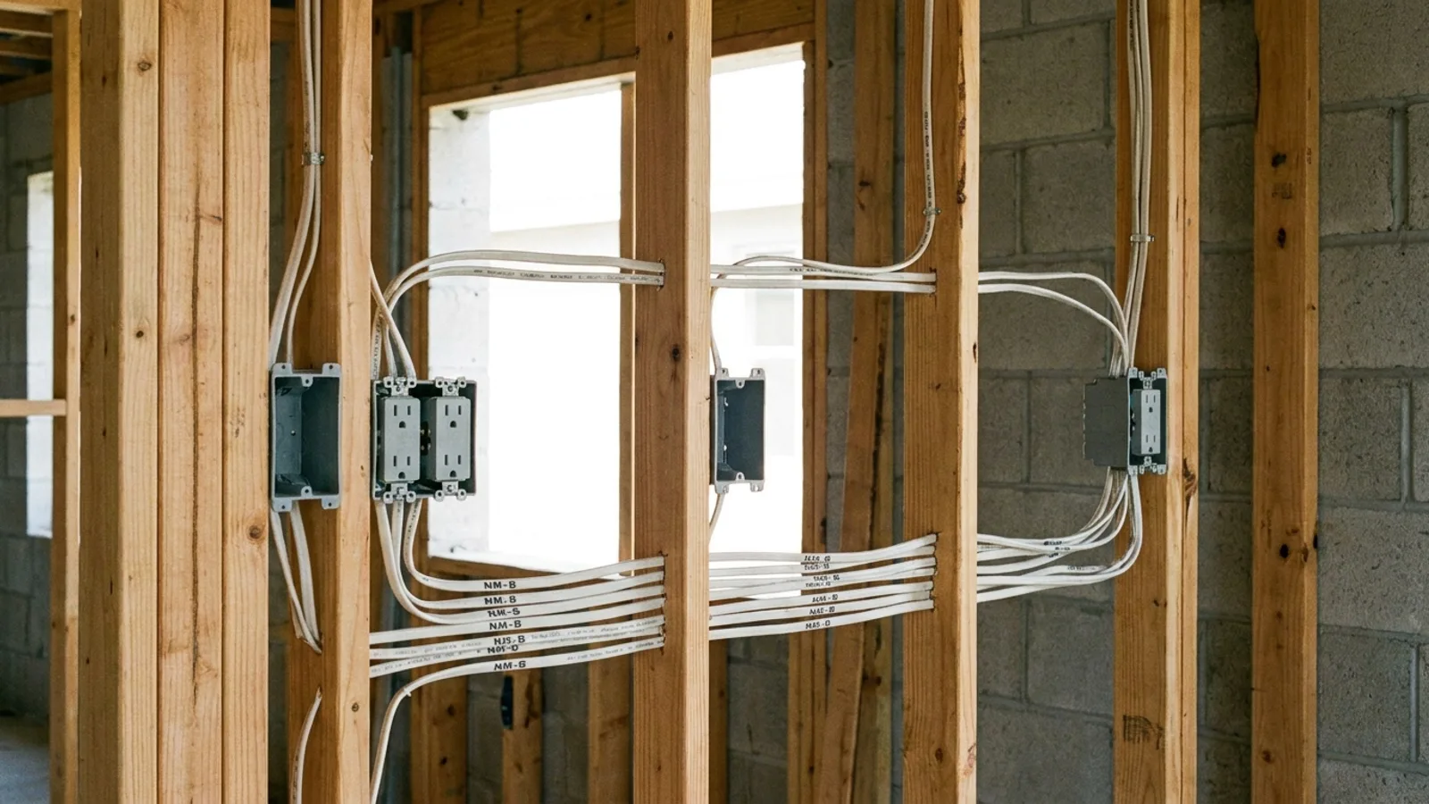 A close view of an electrical rough-in with wiring, outlet boxes, and framing