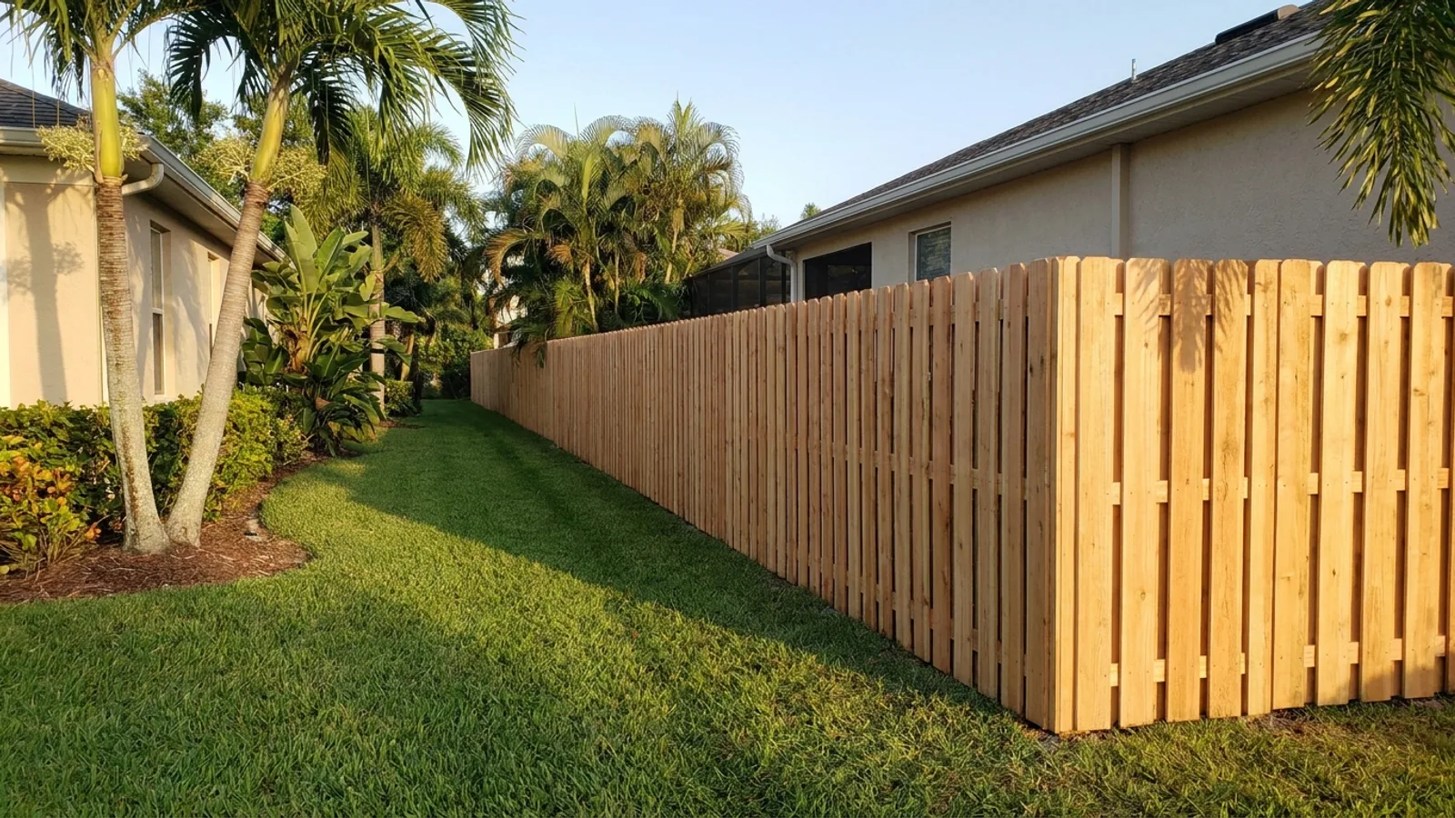 A newly installed wood privacy fence along the side yard of a Florida home in warm afternoon light
