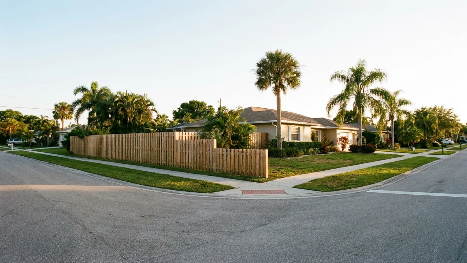 A corner-lot fence in a Florida neighborhood kept low near the street intersection for driver visibility