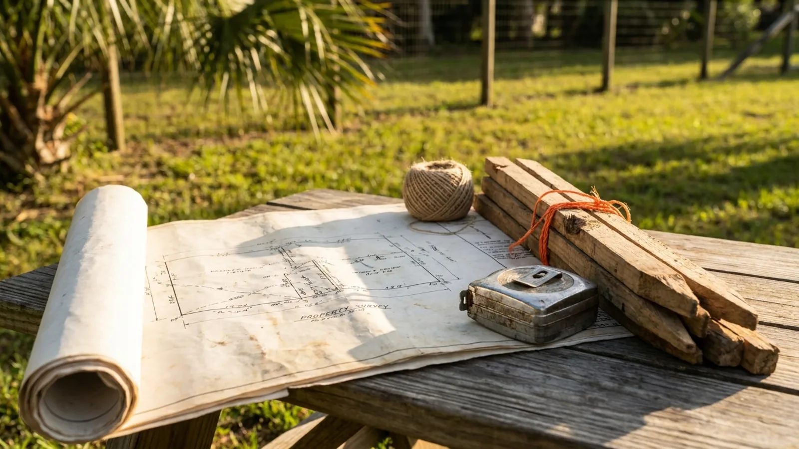 A property survey on an outdoor table beside a tape measure and marking stakes on a Florida yard where a fence line is being planned