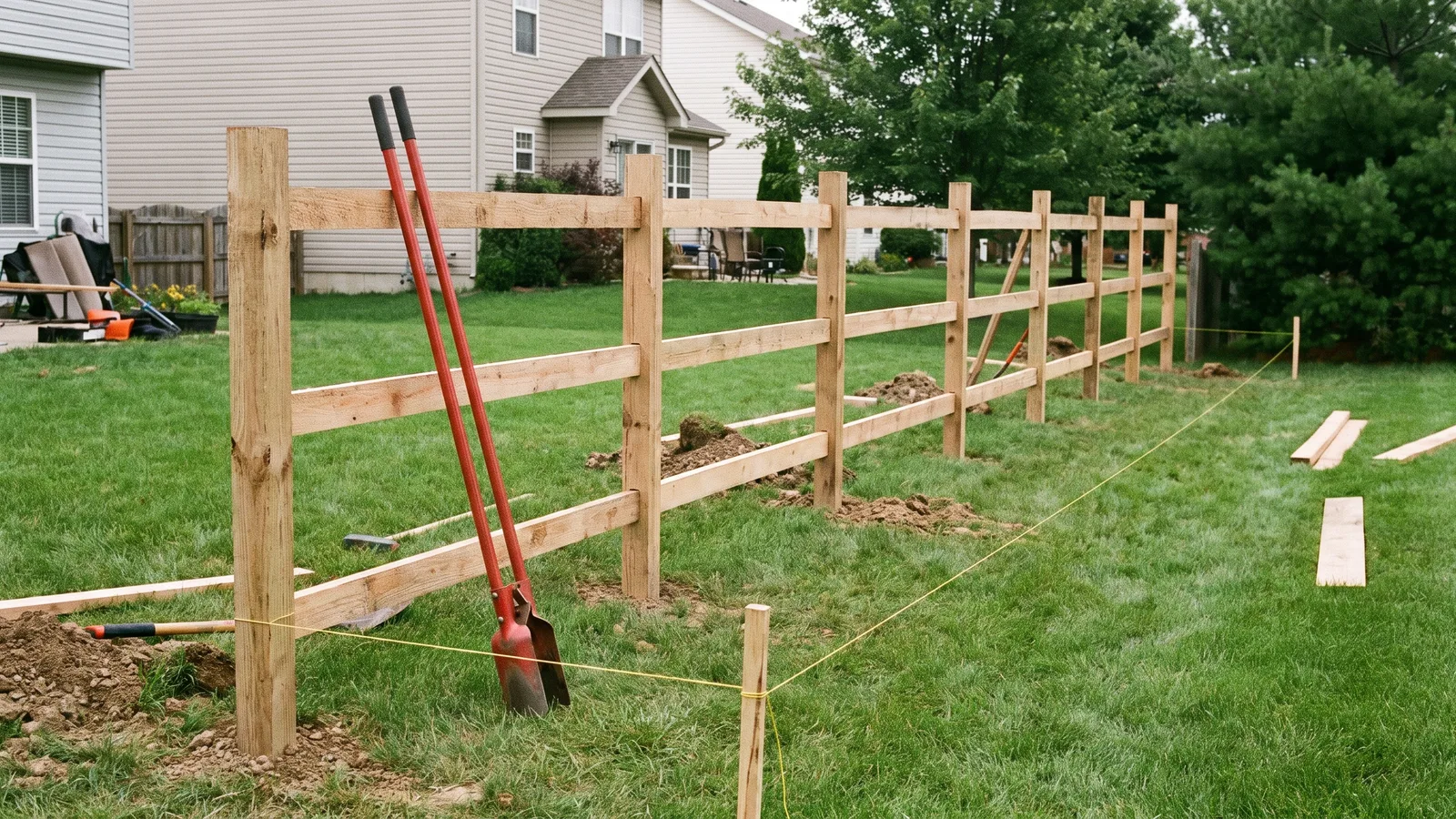 A new wooden privacy fence along the back boundary of a suburban Georgia yard