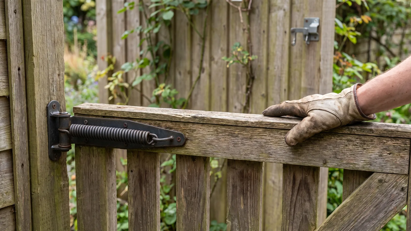 A fence gate with a self-closing hinge and a latch mounted high on the frame