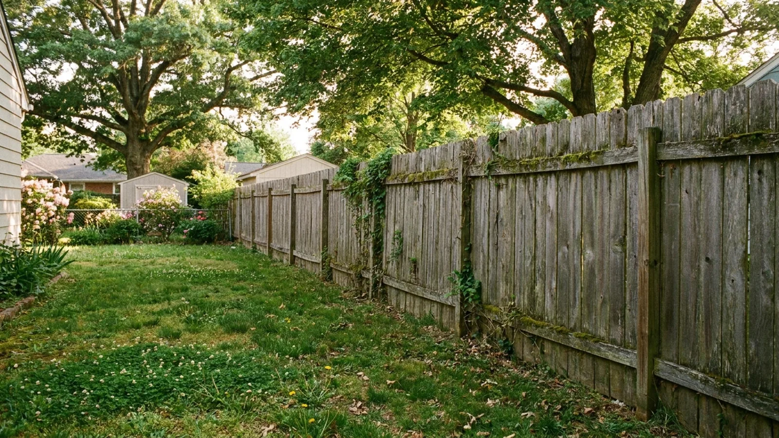 A wooden privacy fence along a residential back yard boundary