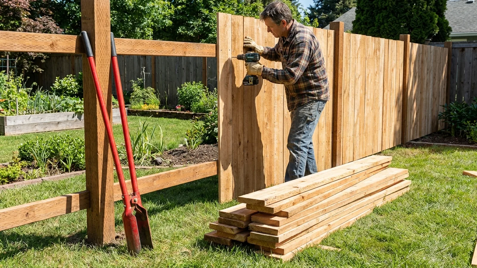 A newly installed wooden fence around a residential property