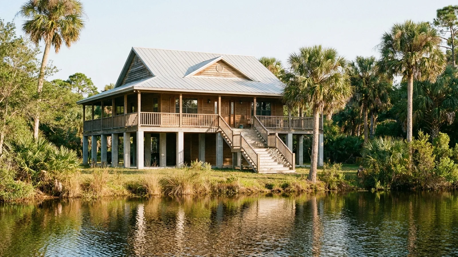 An elevated Florida home built on raised piers near water with palm trees