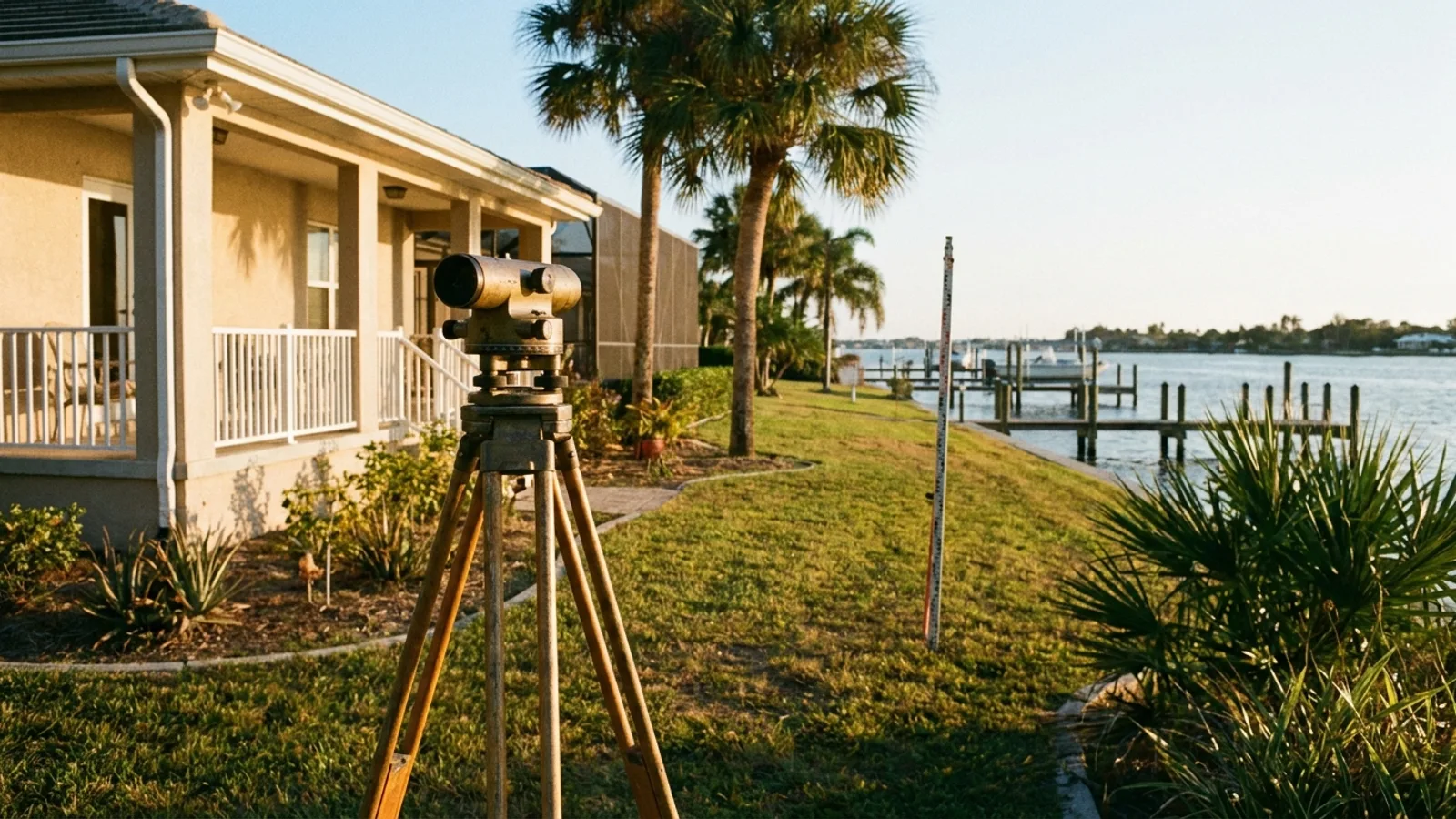 A surveyor's tripod and level set up in the yard of a waterfront Florida home